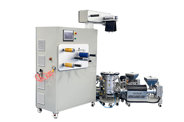 What significant improvements have been made in production efficiency of the small precision three-layer co-extrusion blown film experimental line?
